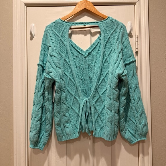 POL Cable Knit Sweater Women’s Small Open Back Tie Green Boho Colorful Pocket - Picture 2 of 10